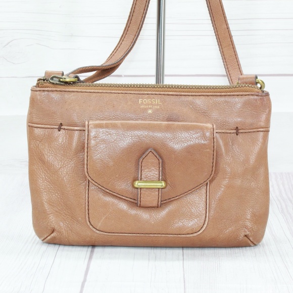 Fossil Brown Leather Zip Top Crossbody Purse Shoulder Bag - Picture 2 of 9
